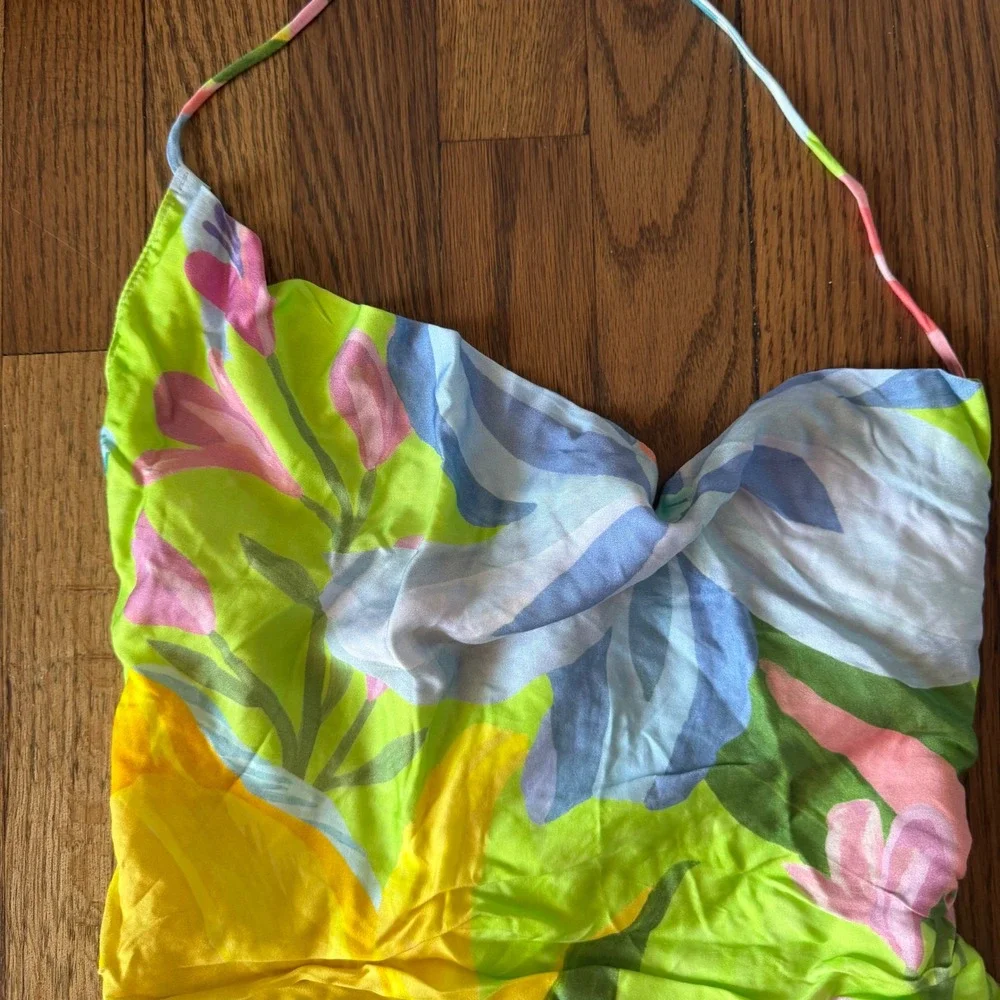 Farm Rio Love of Flower Short Dress Neon Floral Draped Cowl Neck Open Back Sz S - Picture 9 of 16